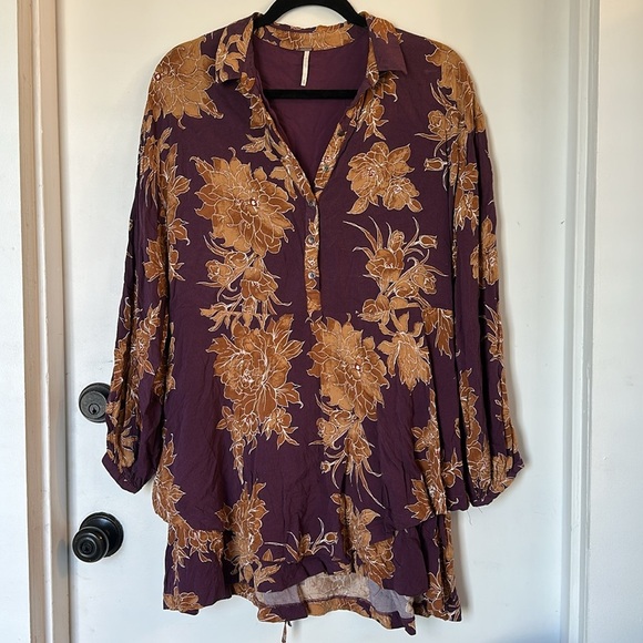 Free People Shake It Floral Print Dress Swing Long Sleeve Berry Combo XS - Picture 2 of 6